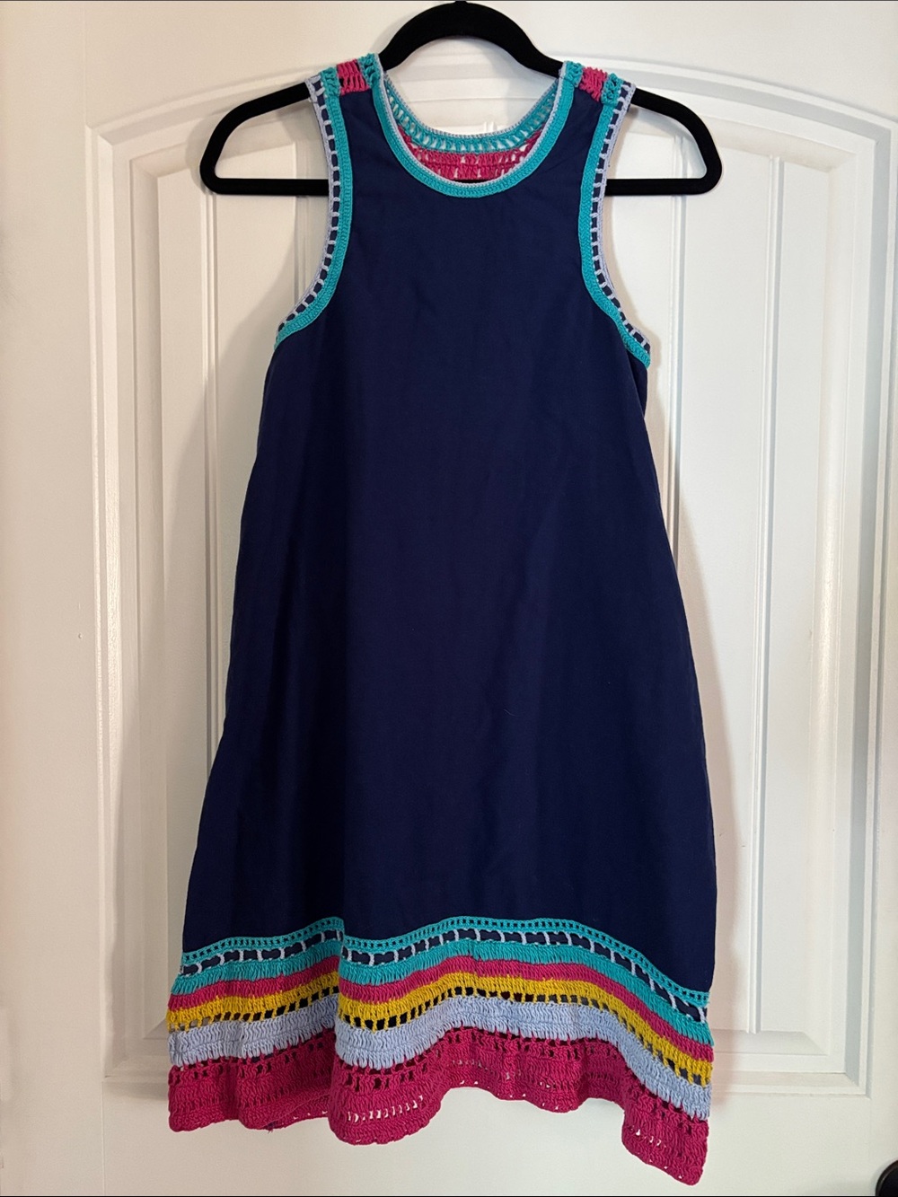 Akemi + Kin Navy Blue Razorback   Dress with Colorful Crochet Trim. Small